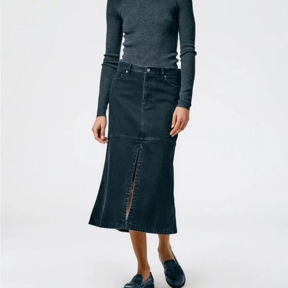 Tibi Size 29 Black Low Rise Denim Jean Midi Skirt with Front Slit - Picture 1 of 10